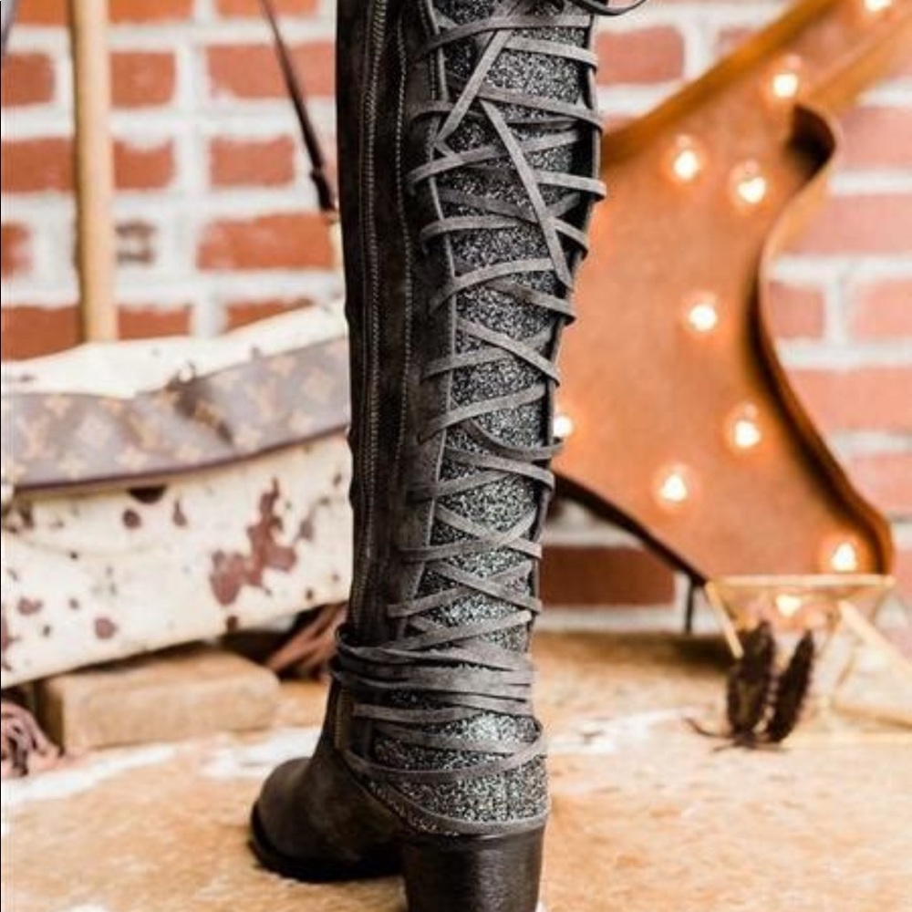 Southern Fried Chics Gray Glitter Knee High Boots